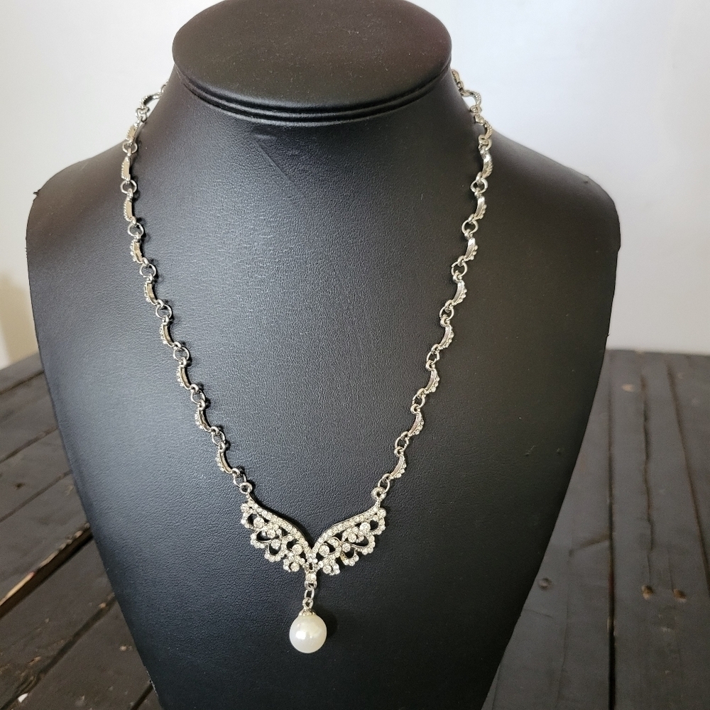 Women's Bridal Wedding Jewelry Silver Crystal Rhinestone Pearl Necklace Formal